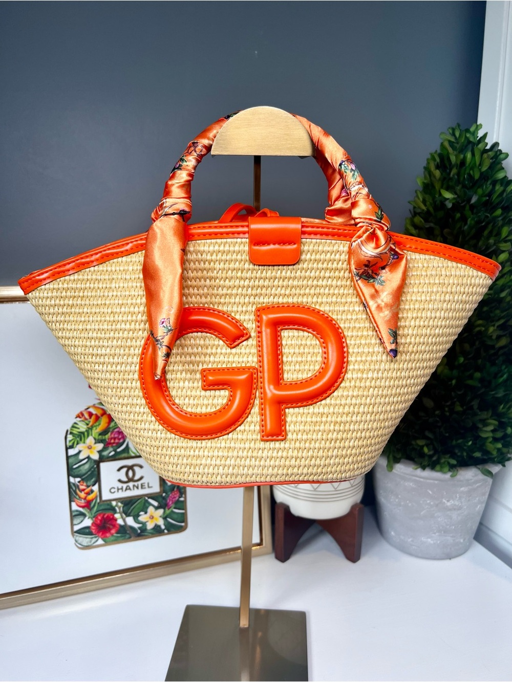 Gilda Paris Summer Raffia Mini Tote Bag Orange Printed Scarf Covered Handles